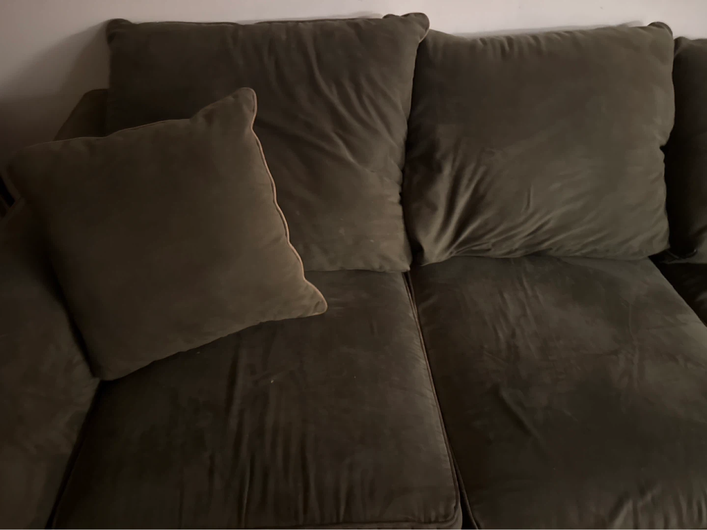 Olive Green Sofa with Throw Pillows