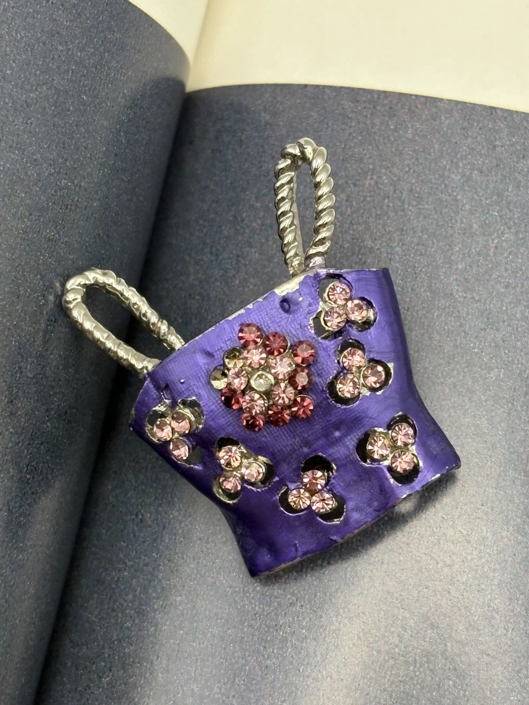 Vintage purple cami vest brooch with rhinestones