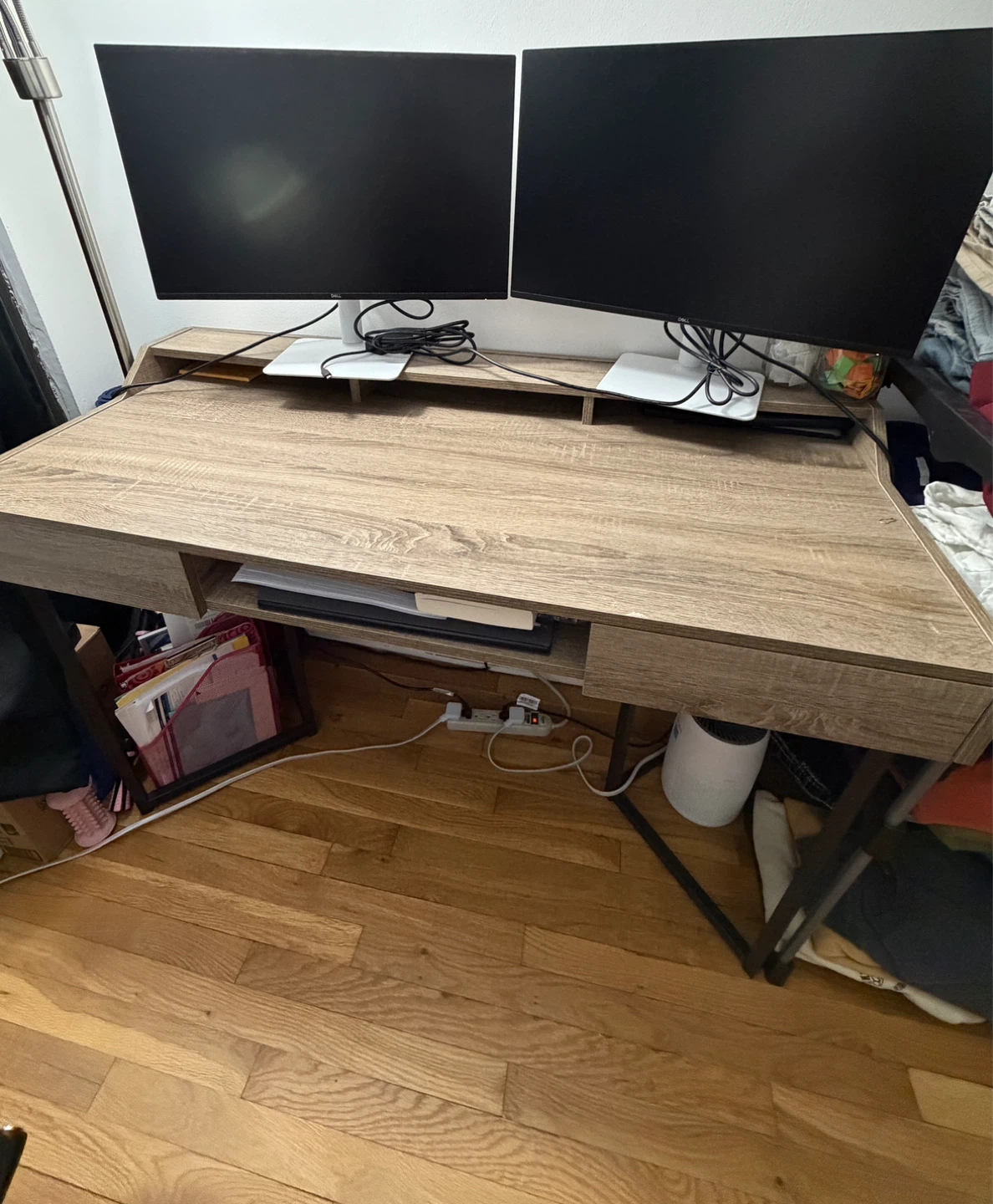 Wooden computer desk with monitor shelf