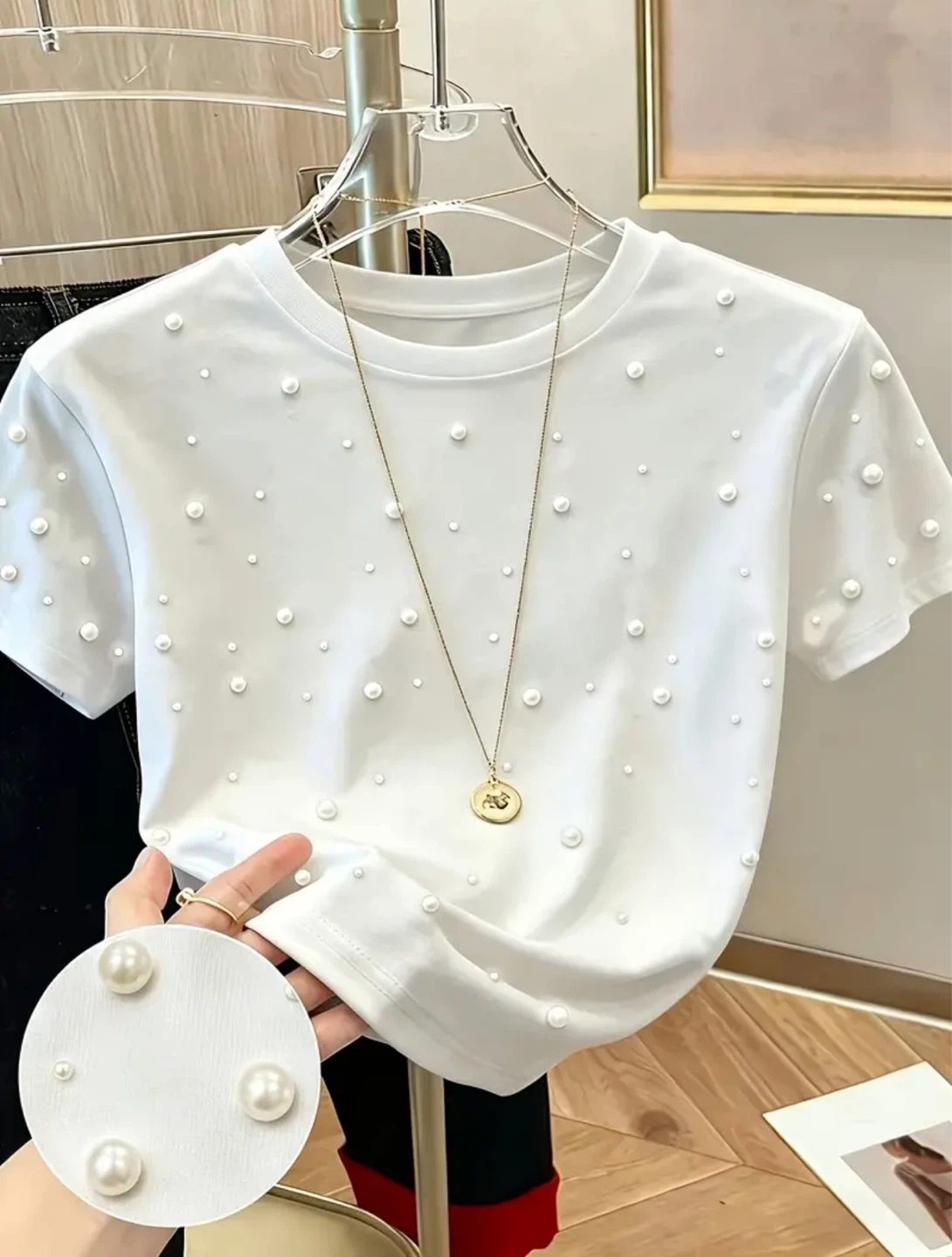 New White T-Shirt with Pearl Embellishments