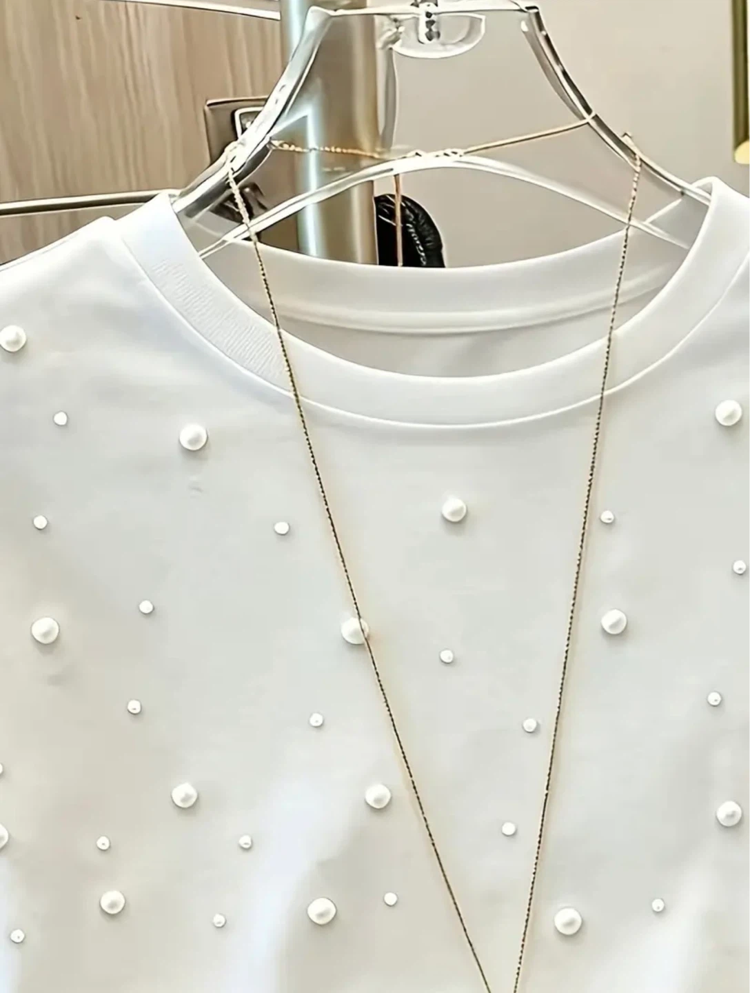 New White T-Shirt with Pearl Embellishments - photo 3