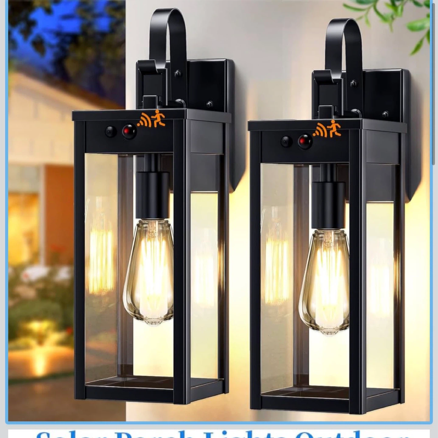 Large Solar Porch Lights Outdoor with Motion Sensors - Set of 2