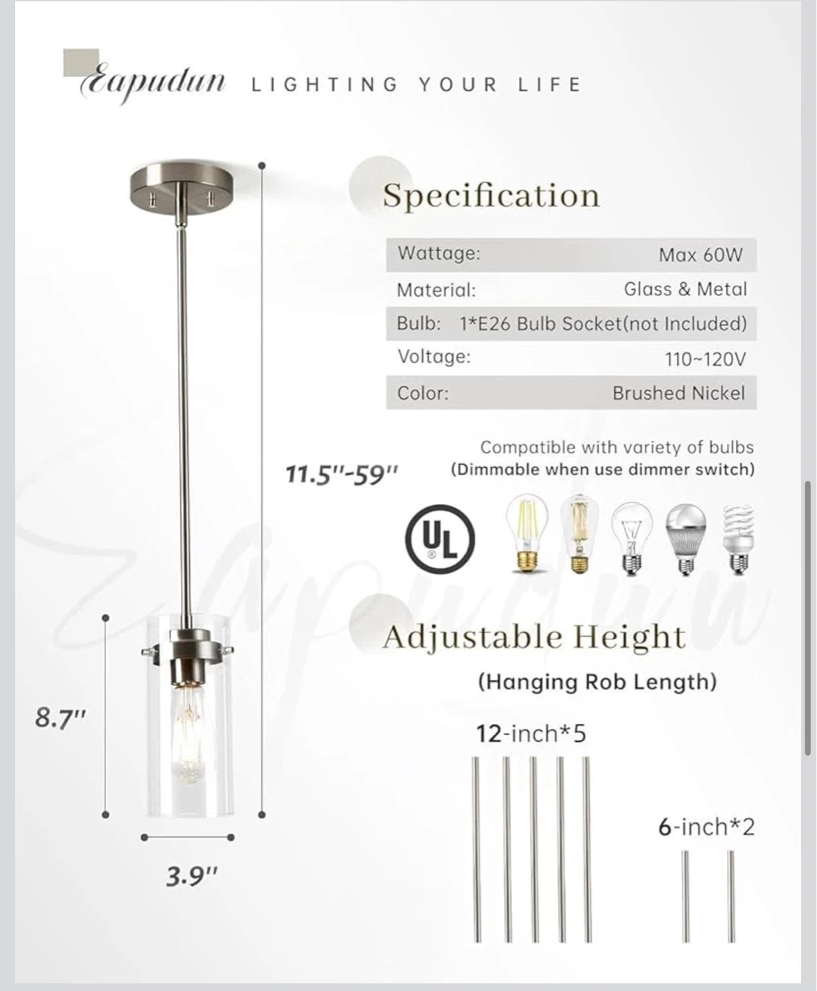 Pack of 2 Brushed Nickel Pendant Light Fixtures - photo 5