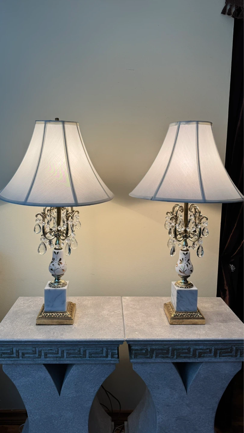 Vintage Pair of Crystal Accent Table Lamps with Marble Base