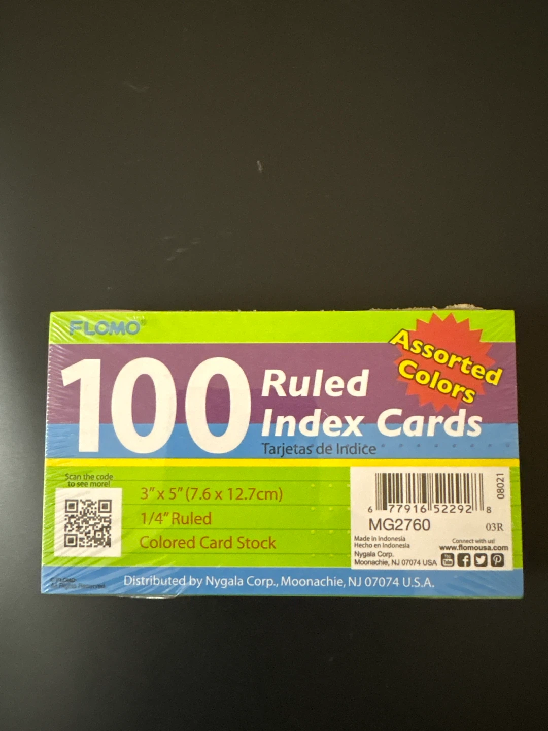 Flomo 100 Ruled Index Cards Assorted Colors 3" x 5"
