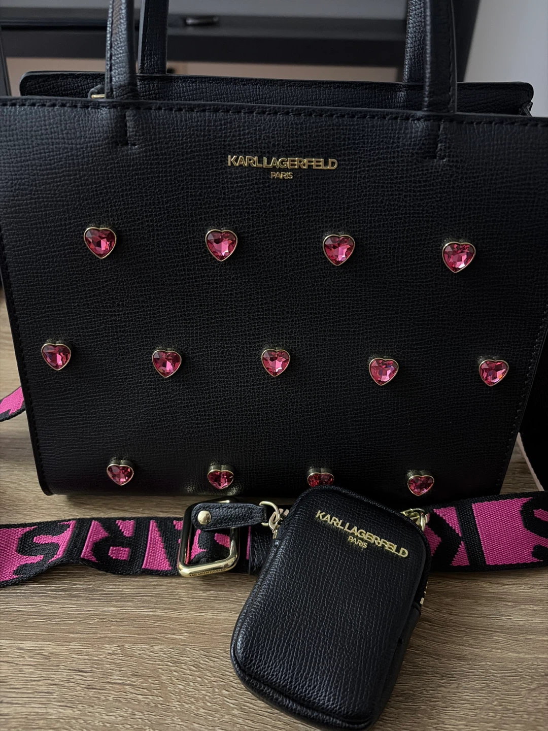 Karl Lagerfeld Black Tote Bag with Pink Heart Embellishments