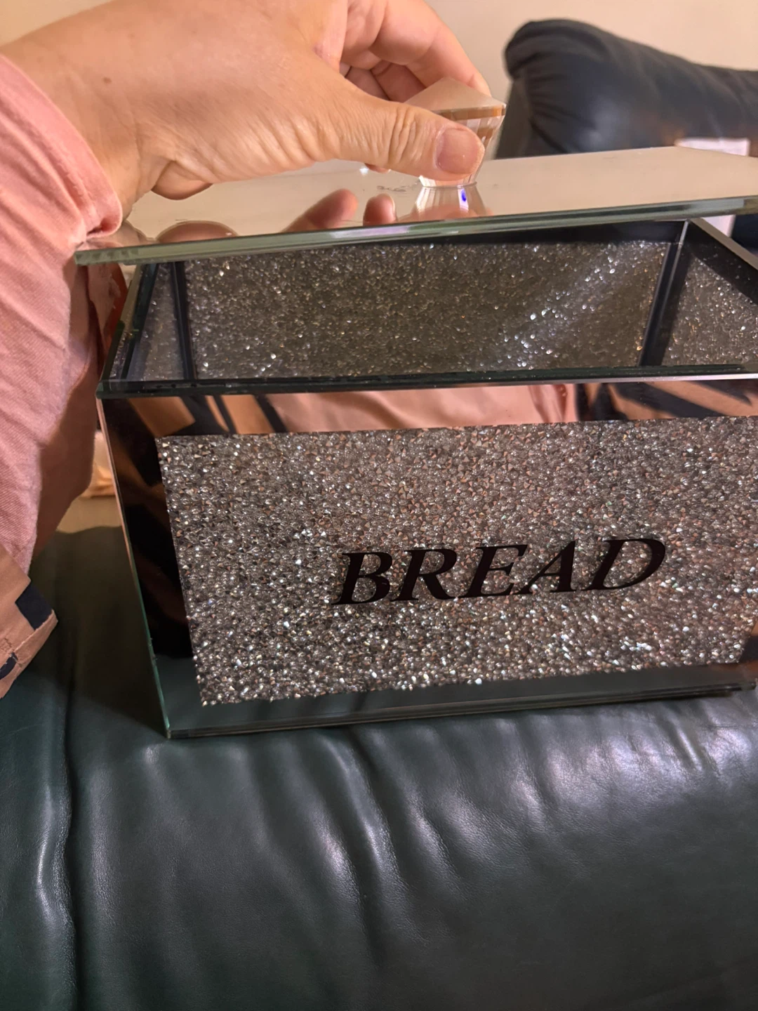 Mirrored "BREAD" Box with Crushed Crystal Inlay and Jewel Handle - photo 2