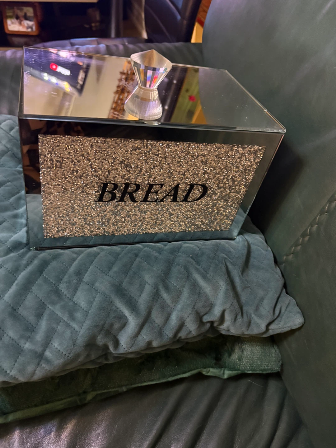 Mirrored "BREAD" Box with Crushed Crystal Inlay and Jewel Handle