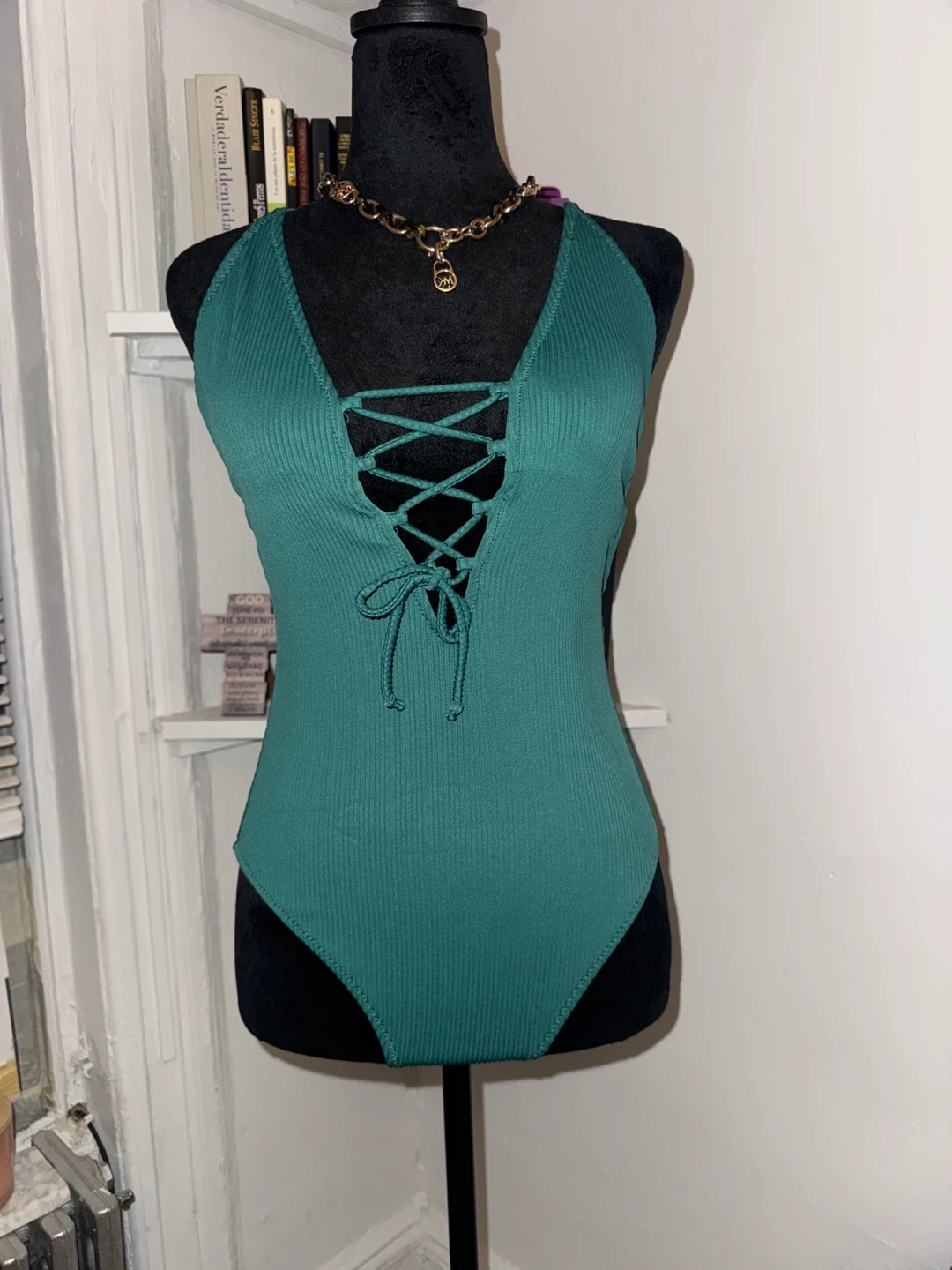 Teal Ribbed Lace-Up One-Piece Swimsuit cupshe