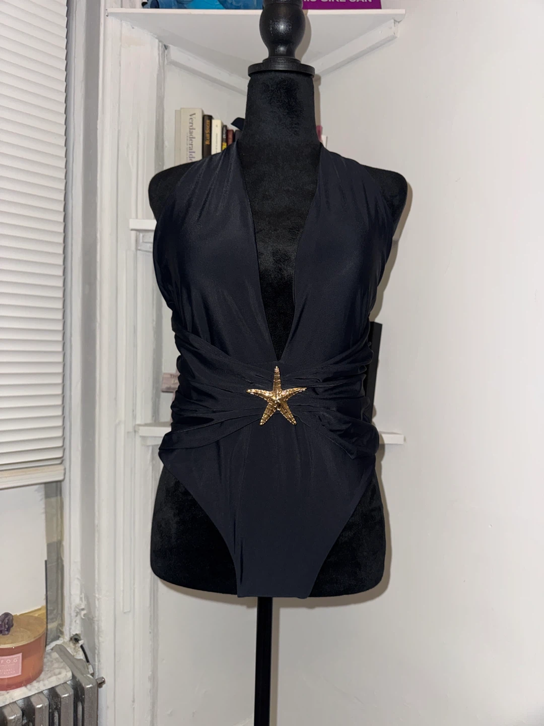 Black One-Piece Swimsuit with Starfish Embellishment