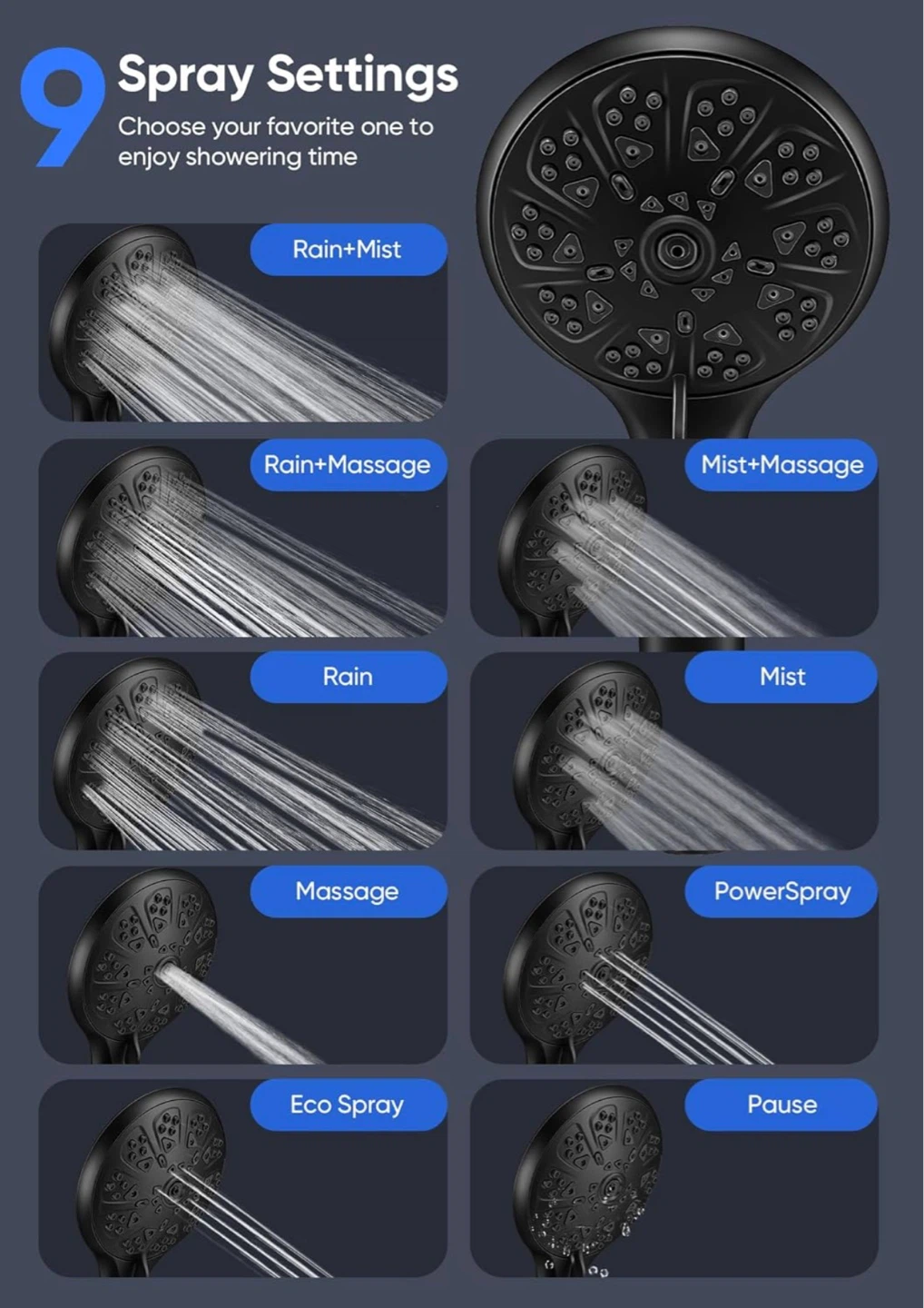 Black Shower Head with 9 Spray Settings - photo 3