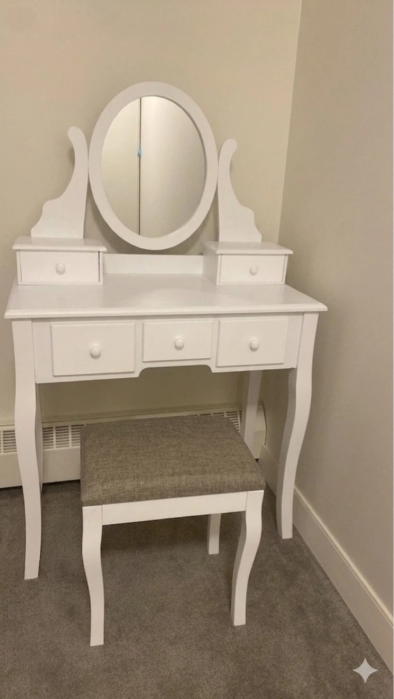 White Vanity Table with Mirror and Stool