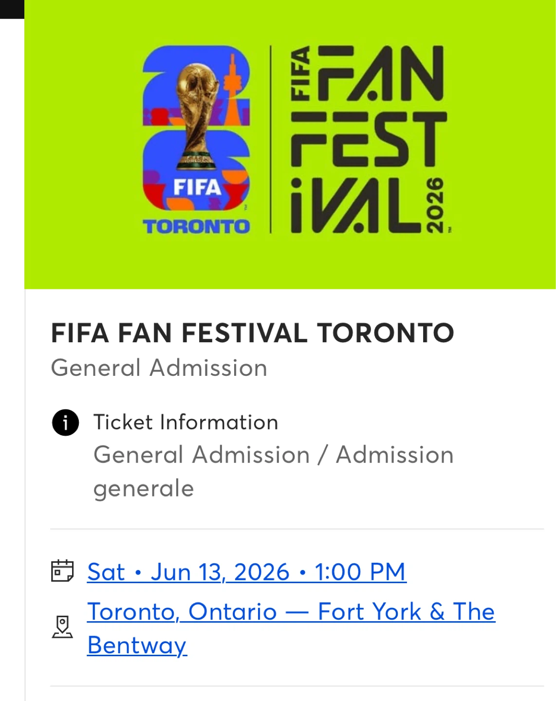 Two FIFA Fan Festival Toronto General Admission Ticket