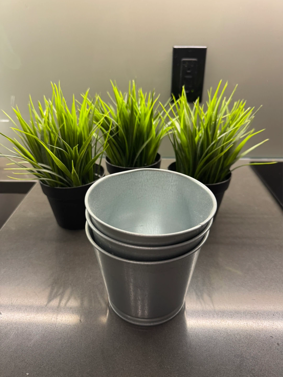 Set of 3 Artificial Grass Plants in Metal Pots - photo 2