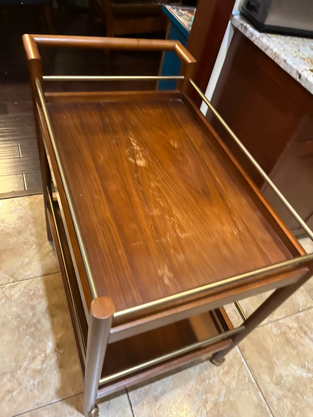 Vintage Wooden Bar Cart with Brass Rails