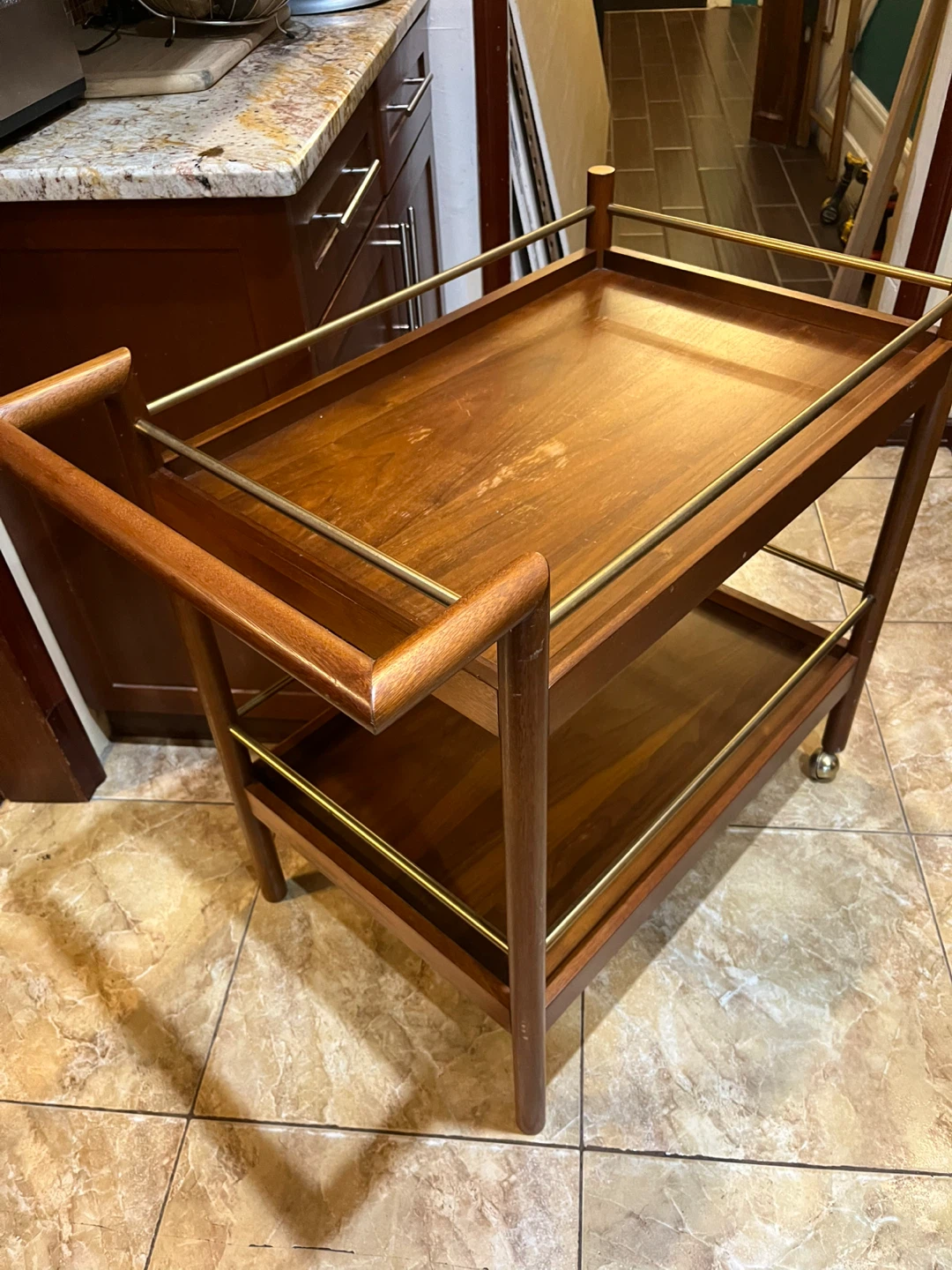 Vintage Wooden Bar Cart with Brass Rails - photo 3