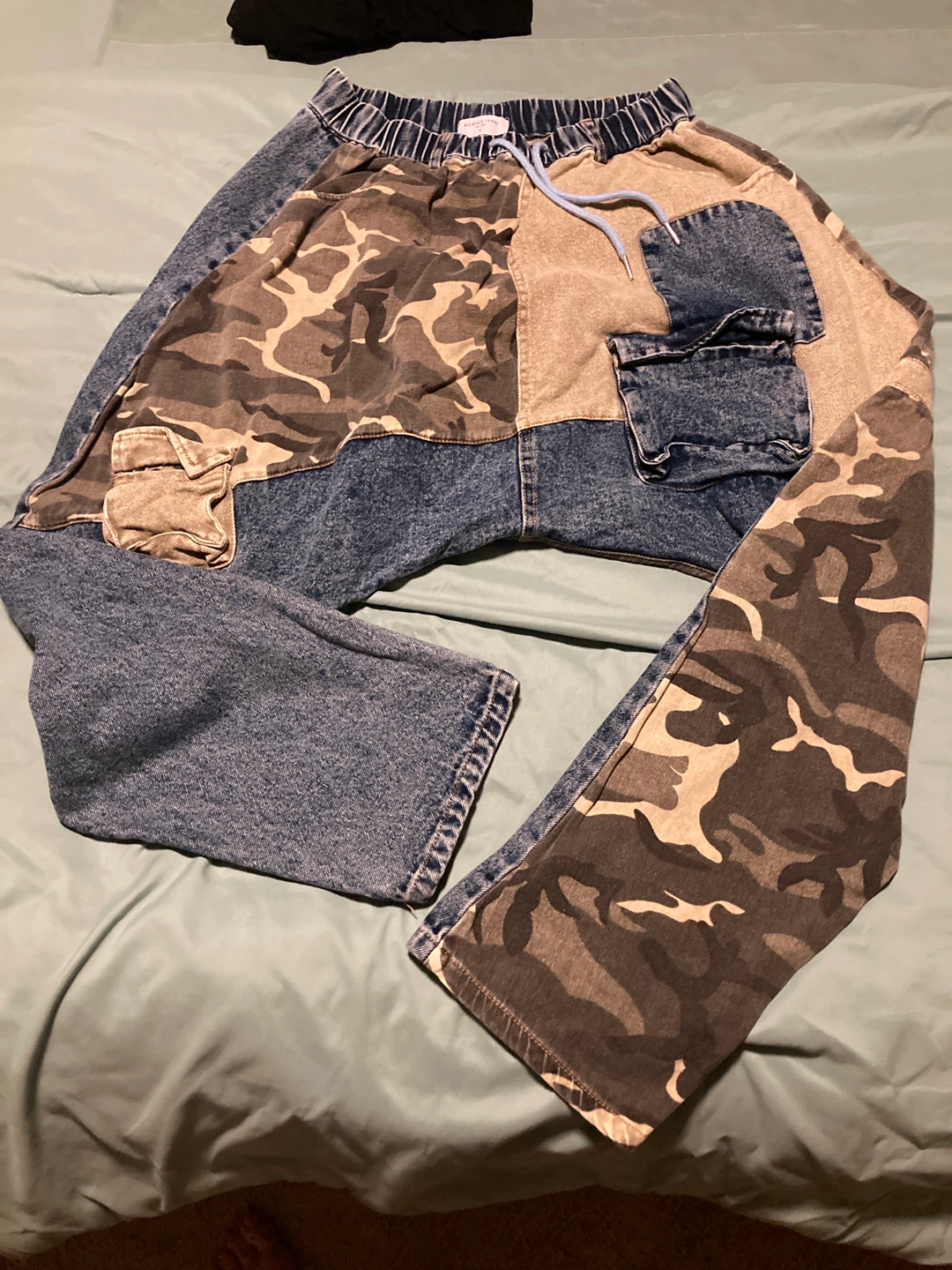 Patchwork Camo & Denim Cargo Jogger Pants
