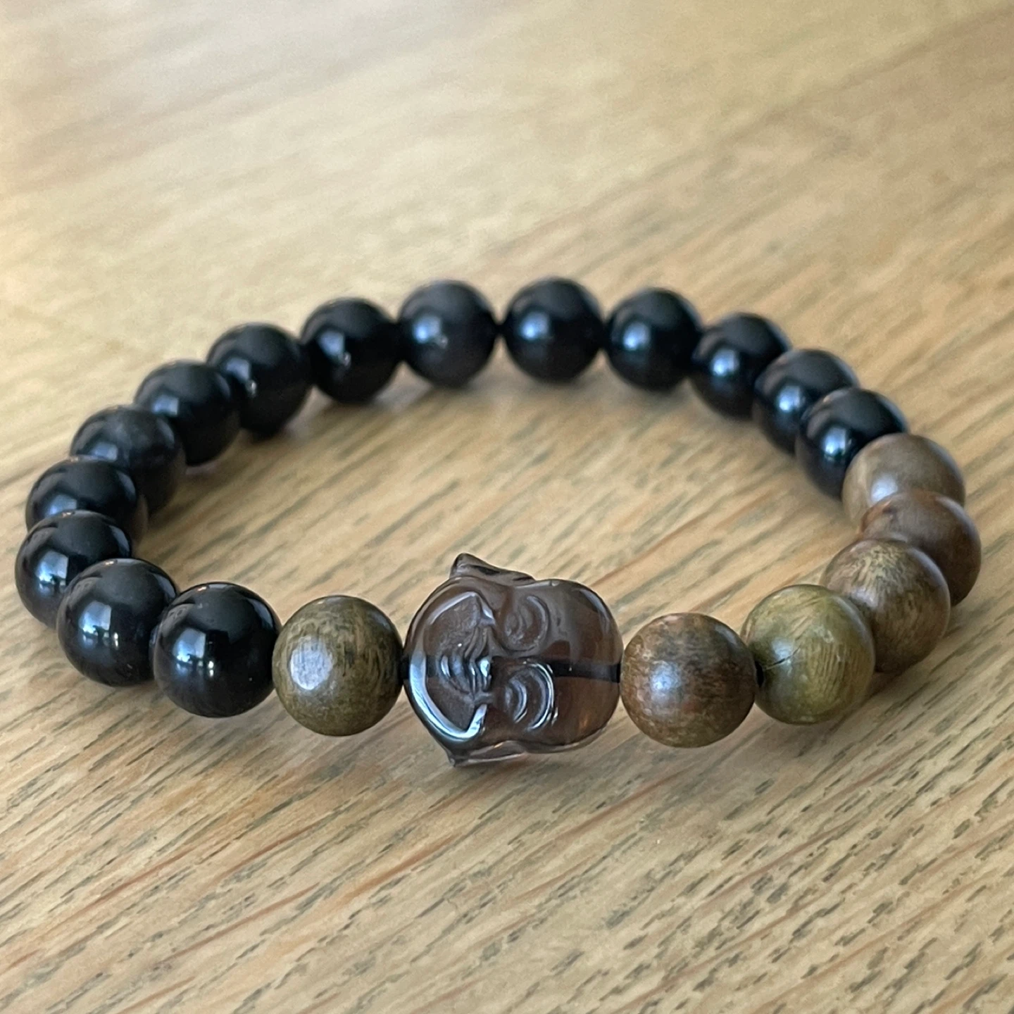 Zen Obsidian, Wood & Smoky Quartz bracelet  (10mm bead) - photo 2