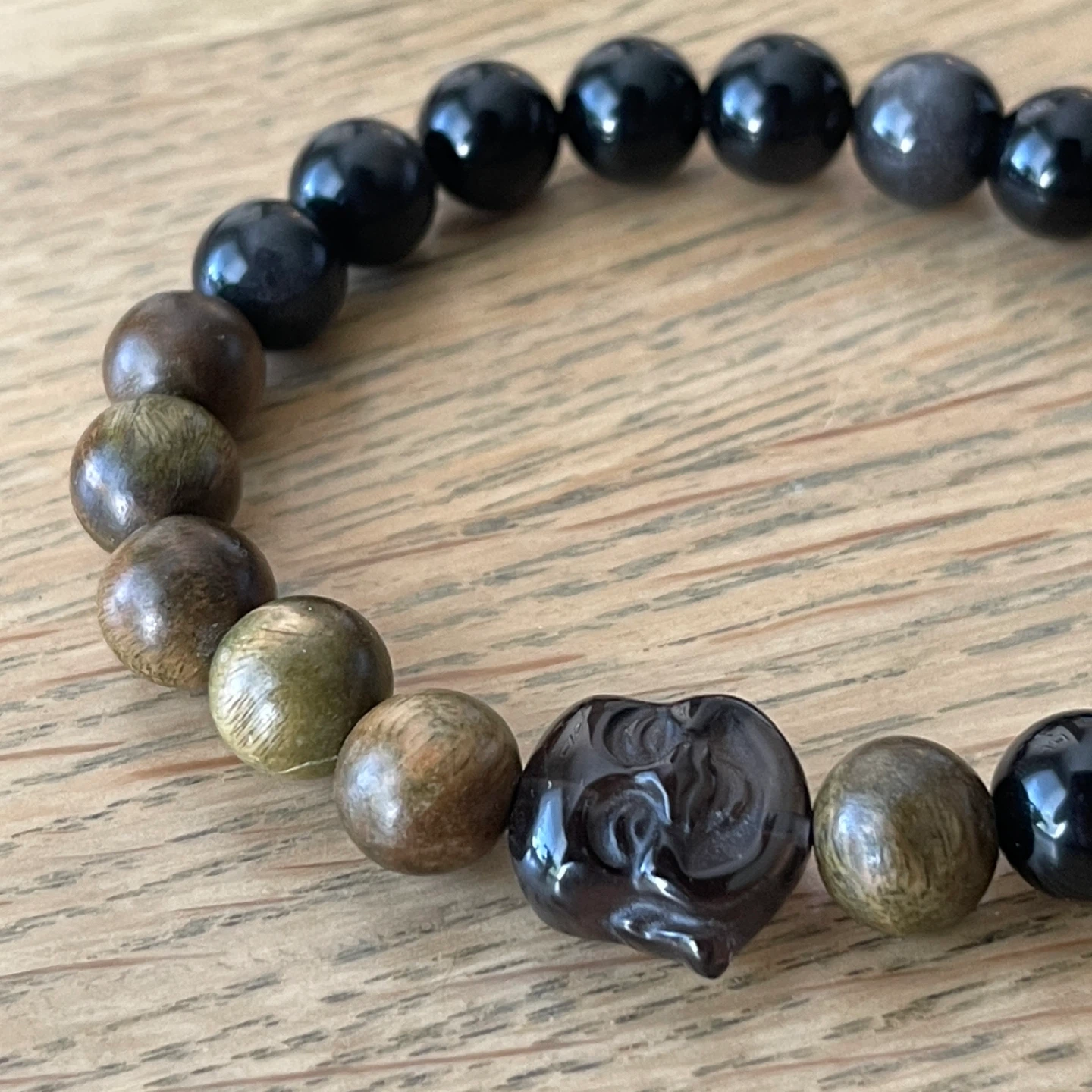 Zen Obsidian, Wood & Smoky Quartz bracelet  (10mm bead)