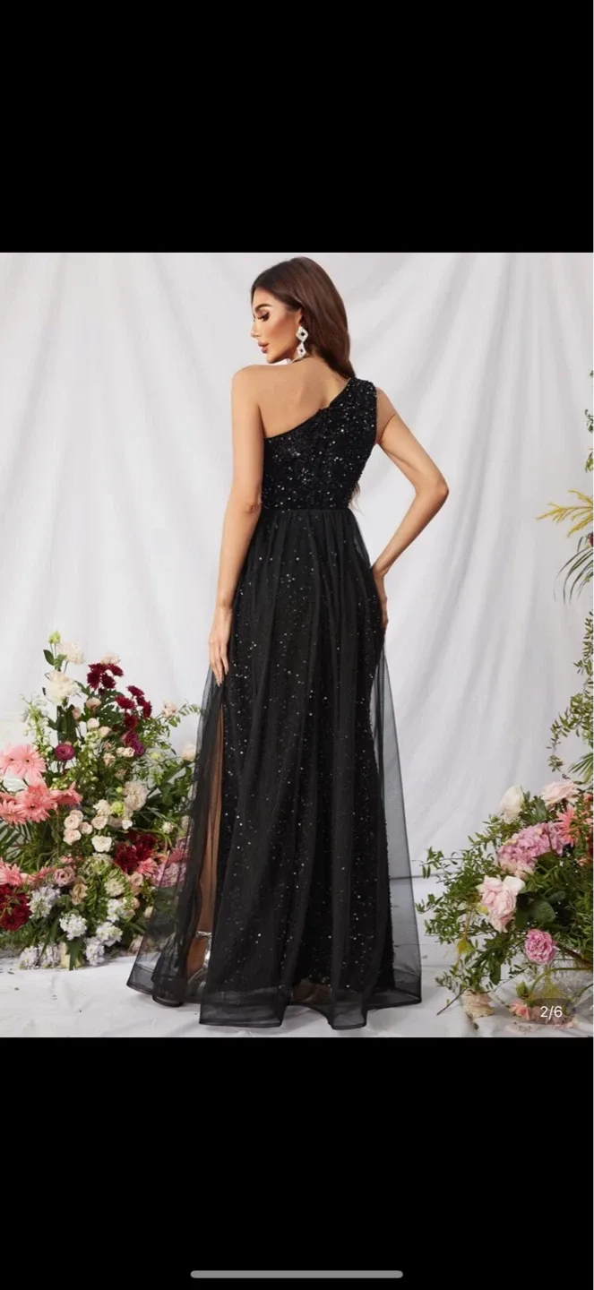 Black Sequin One-Shoulder Maxi Dress with Tulle Overlay - photo 2