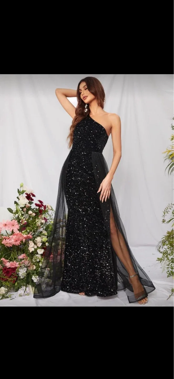 Black Sequin One-Shoulder Maxi Dress with Tulle Overlay - photo 3