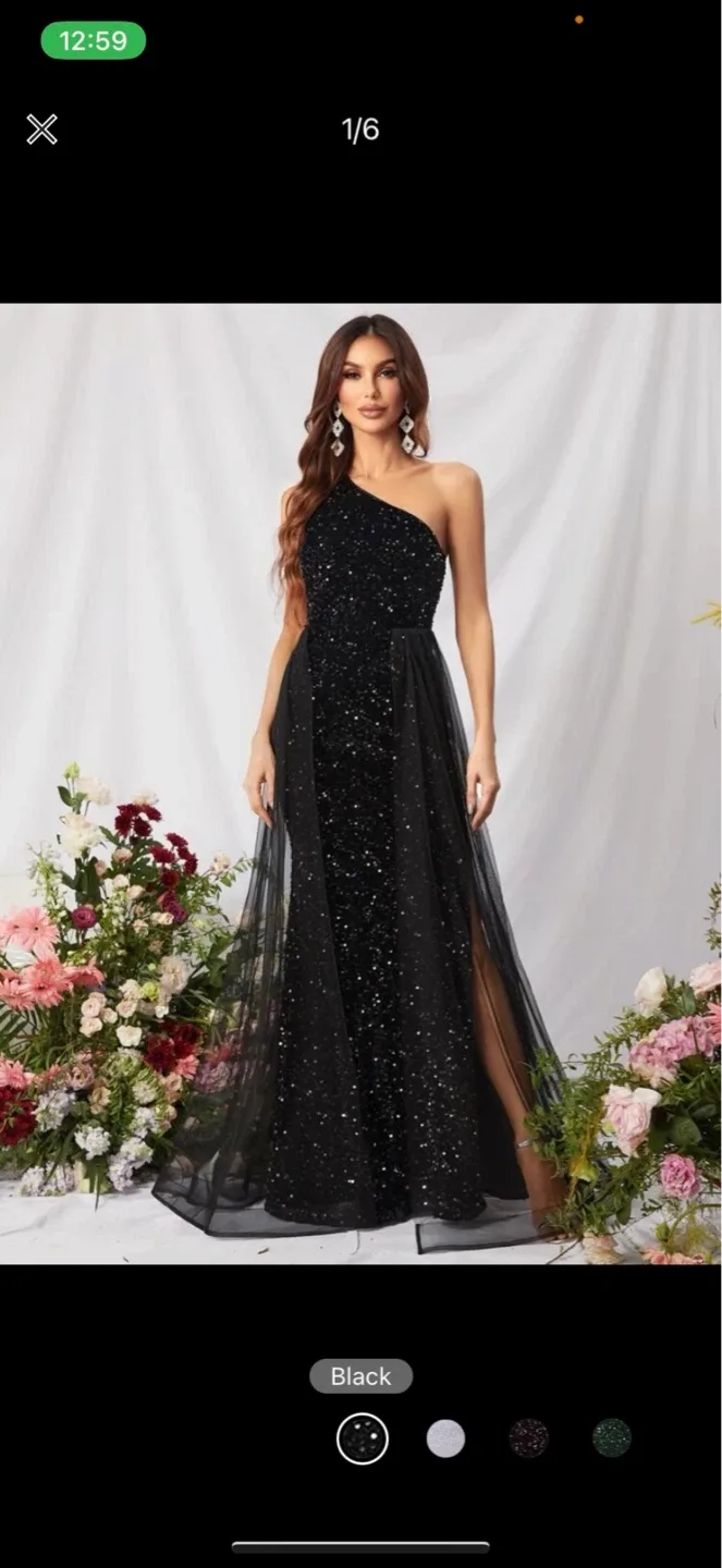 Black Sequin One-Shoulder Maxi Dress with Tulle Overlay