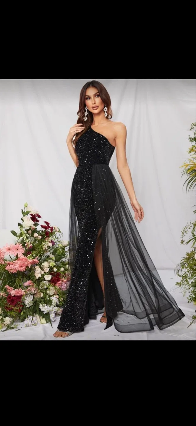 Black Sequin One-Shoulder Maxi Dress with Tulle Overlay - photo 5