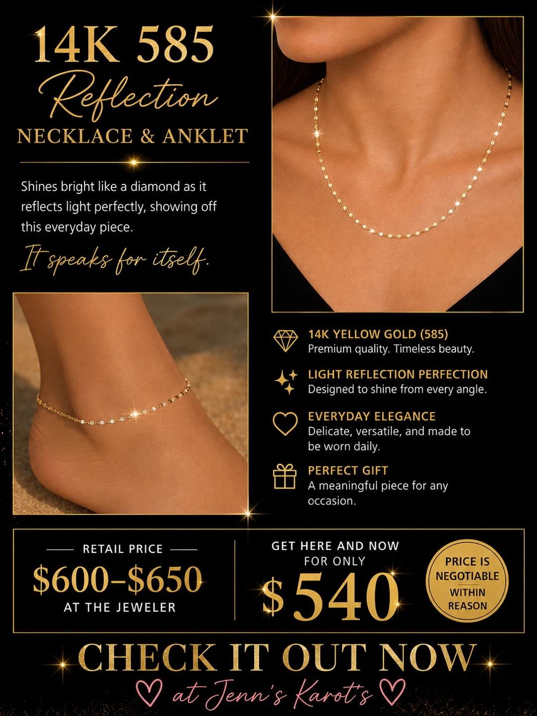 14K Yellow Gold 585 Reflection Necklace & Anklet