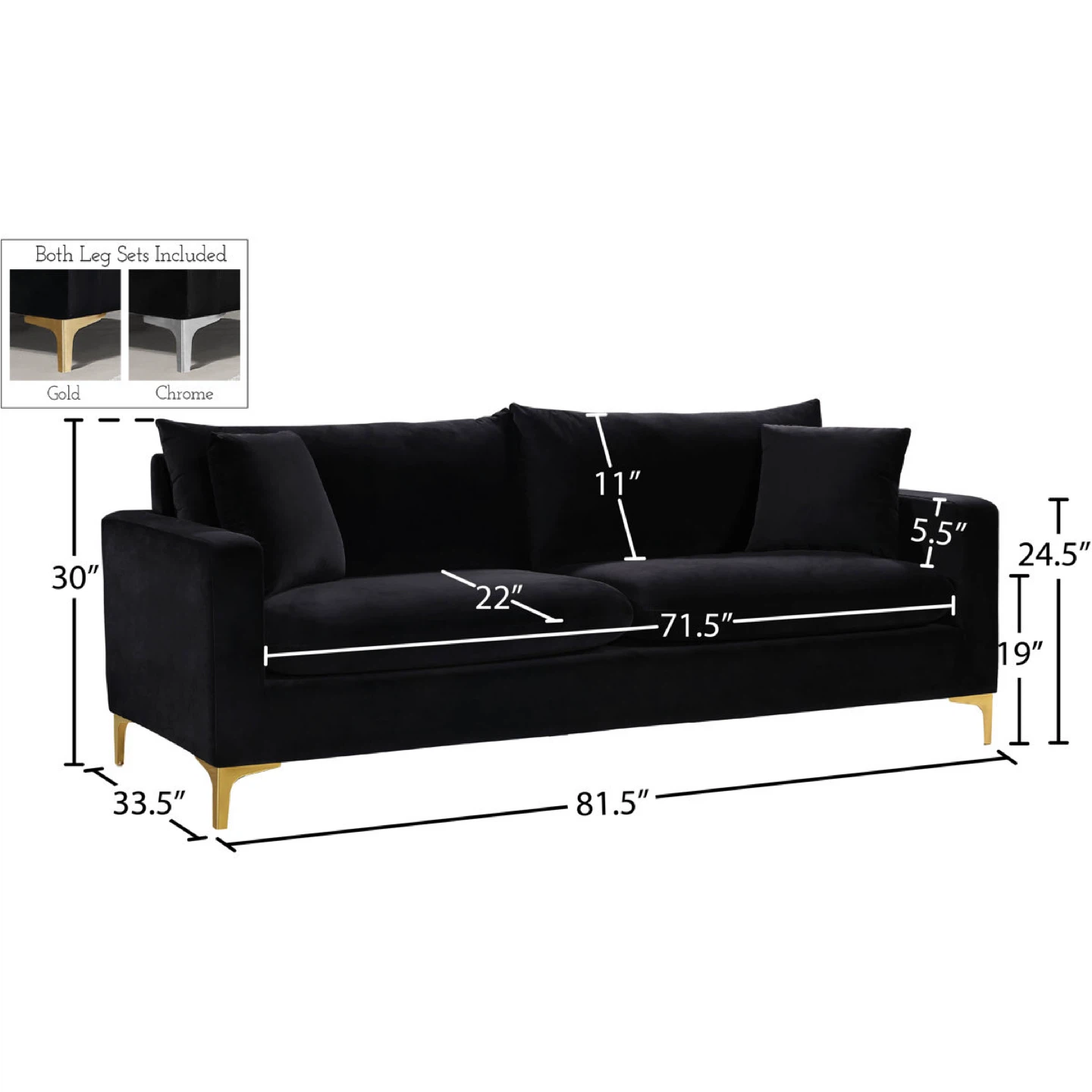 Black Velvet Sofa with Gold Legs - photo 2