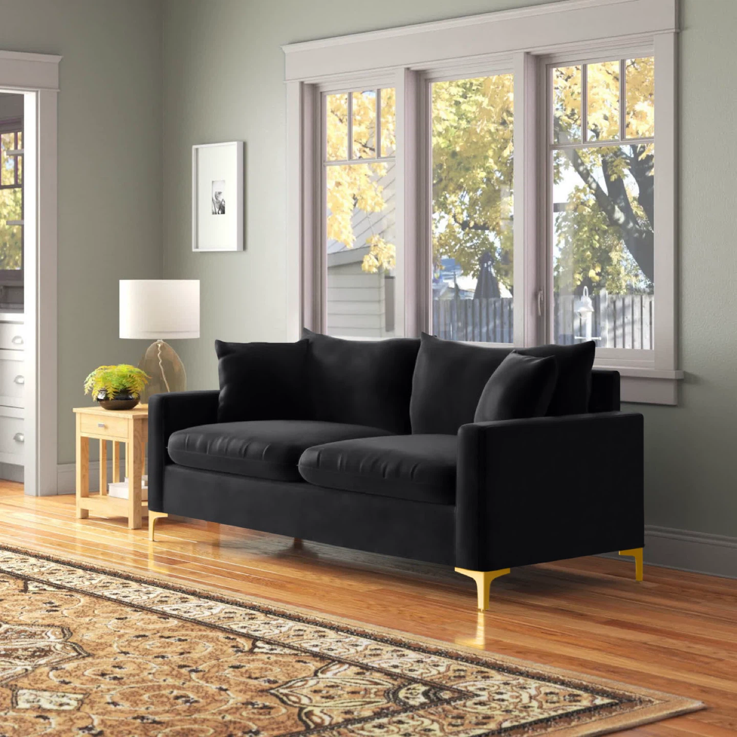 Black Velvet Sofa with Gold Legs