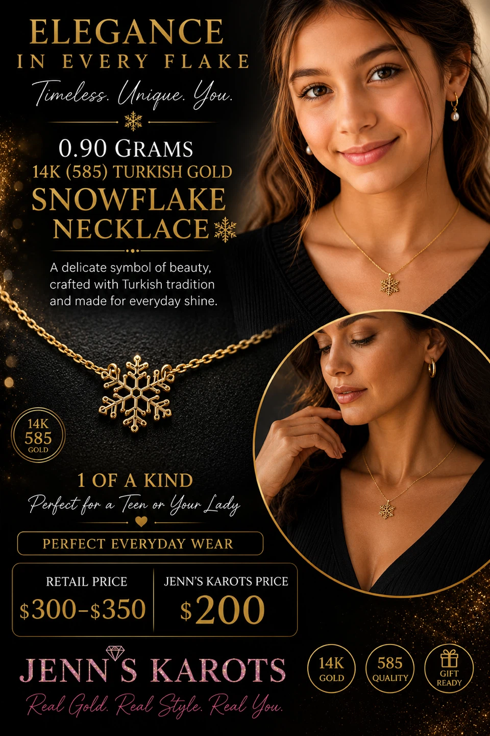 Jenn's Karots 14K Turkish Gold Snowflake Necklace 0.90g