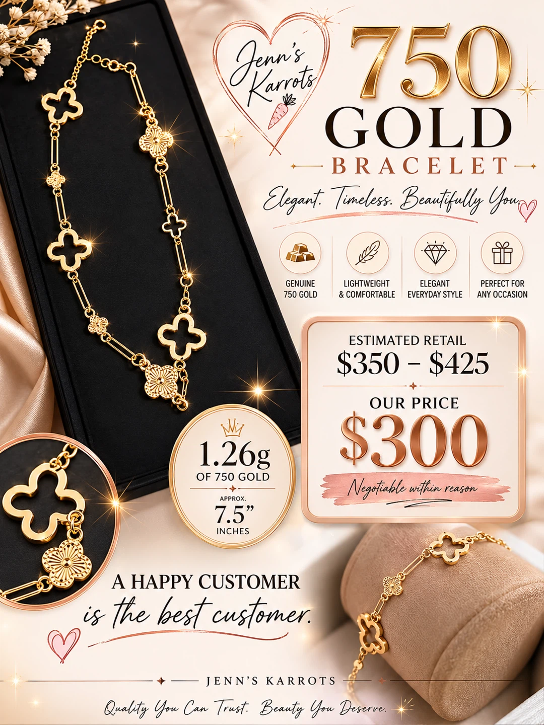 Jenn's Karrots 750 Gold Bracelet - 7.5 Inches