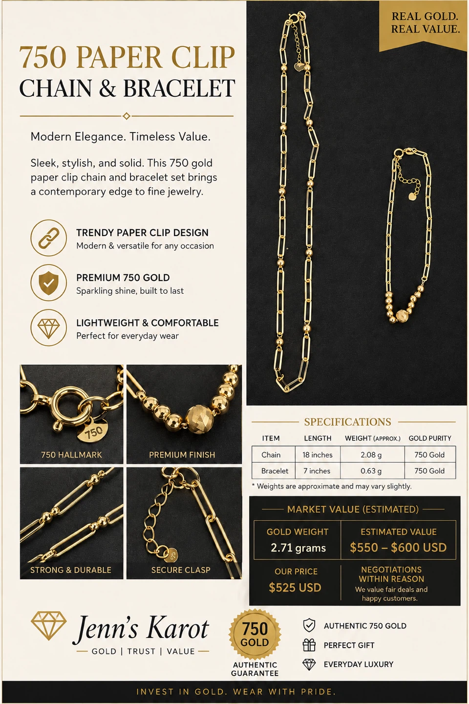 750 Gold Paper Clip Chain & Bracelet Set