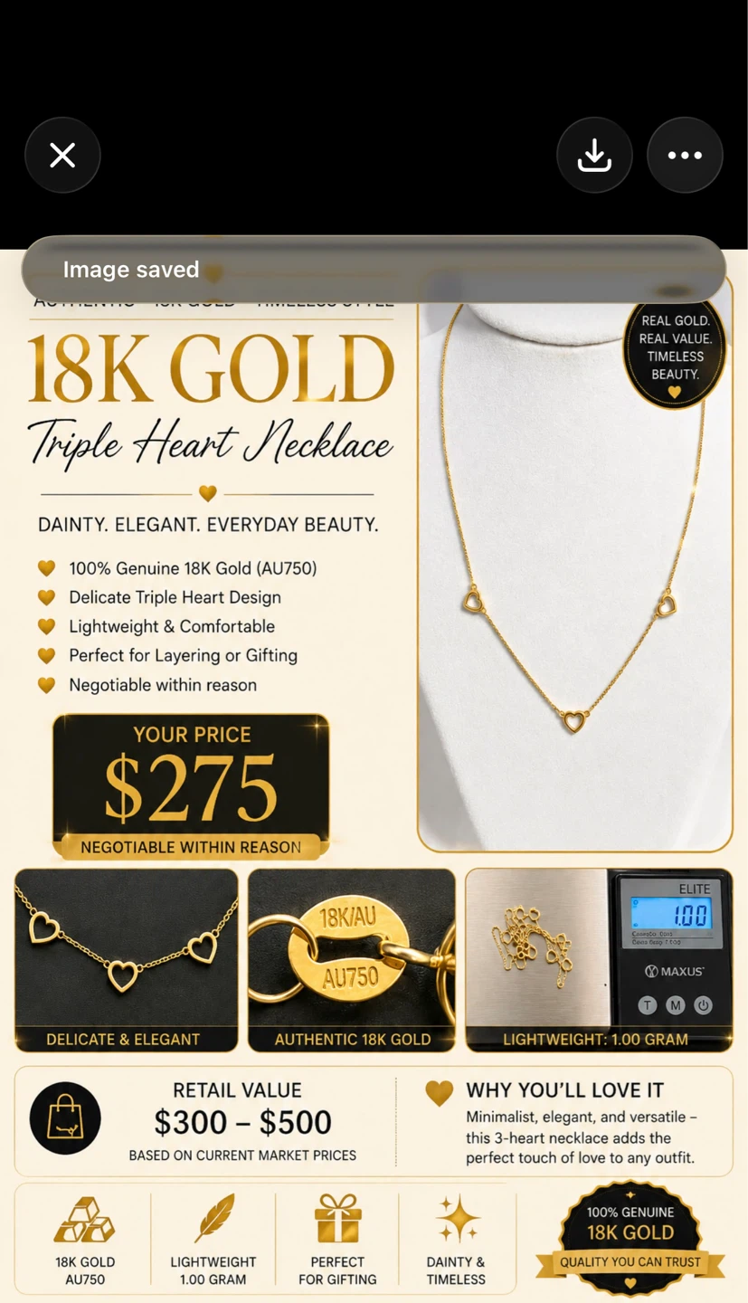 18K Gold Triple Heart Necklace - 1.00 Gram