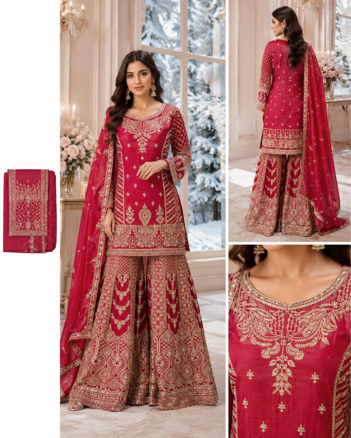 Red Embroidered Sharara Suit