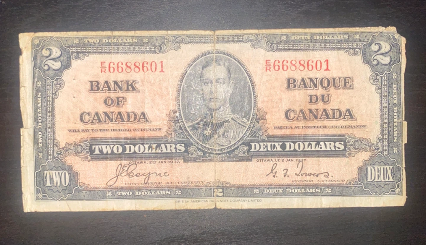 1937 Bank of Canada $2 Bill – Vintage Canadian Currency