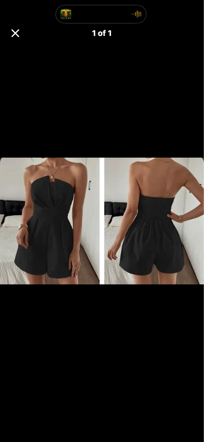 Black Strapless Romper with pleated front detail . Size medium