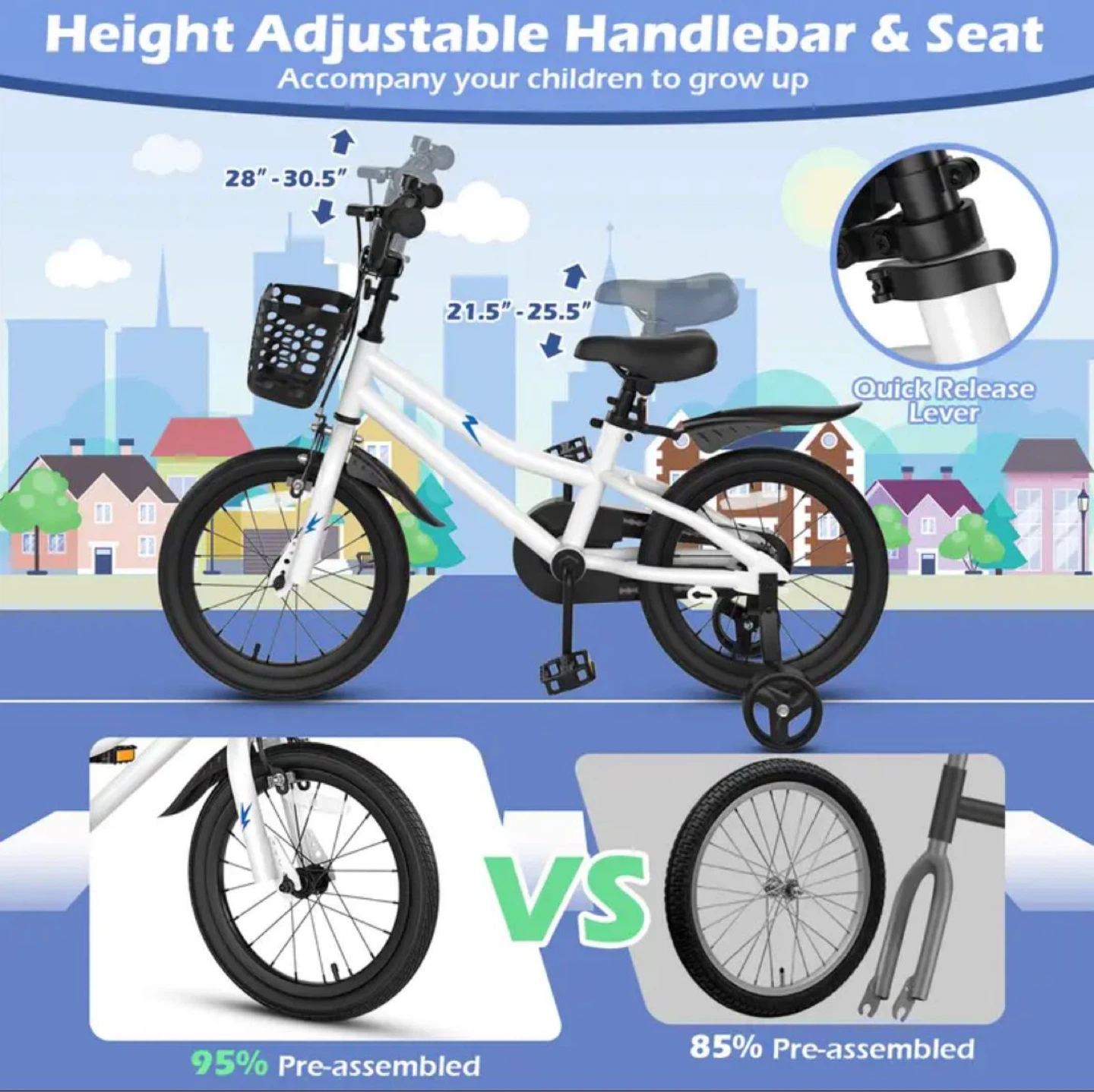 16" Kids Bike/Bicycle, Removable Training Wheels & Basket