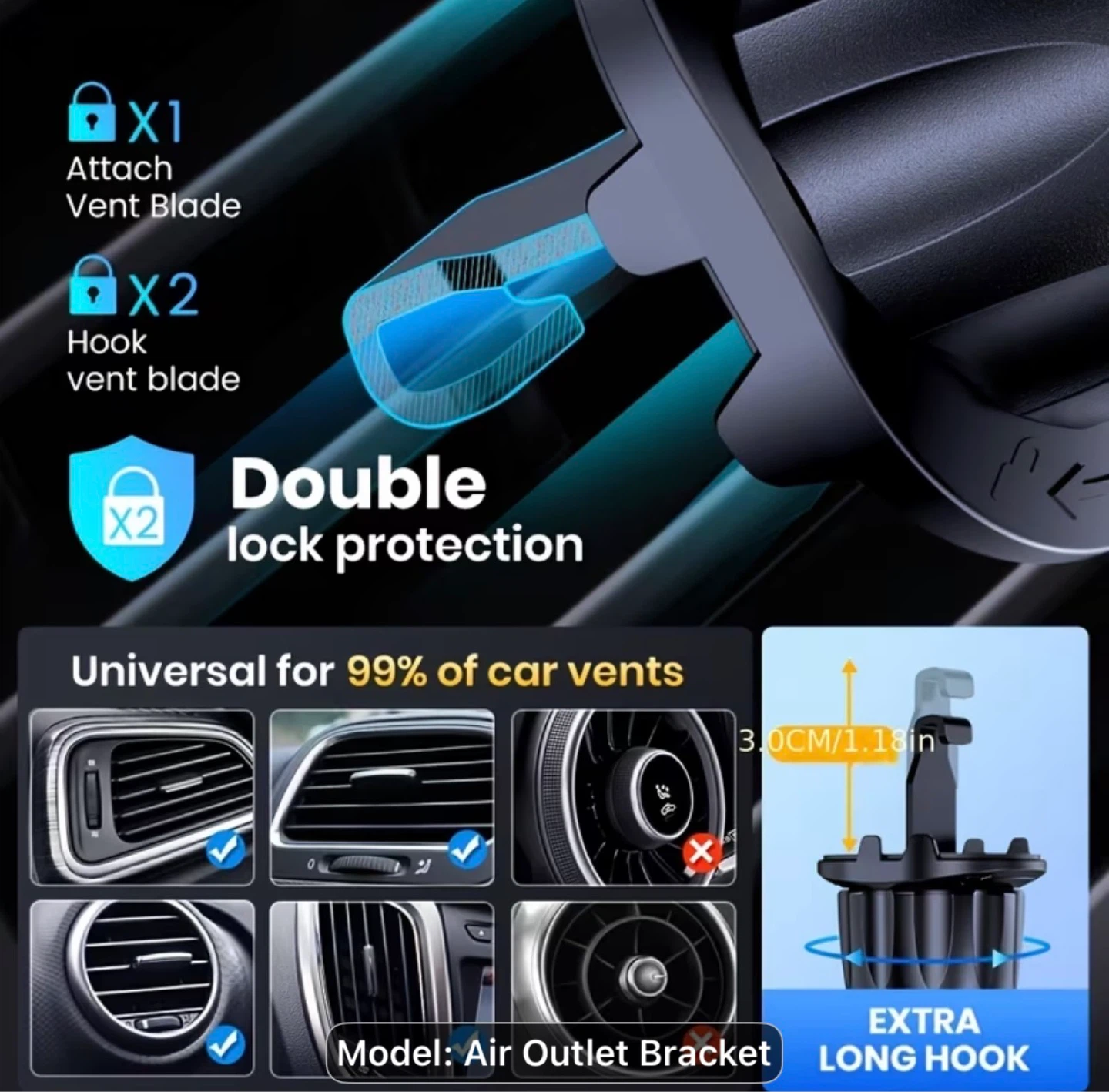 Car Air Vent Phone Mount, Hook Clip Design, 360 Degree Rotatable - photo 3