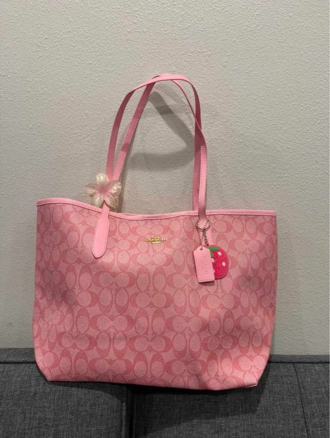 Coach Pink Signature Tote Bag with Strawberry Charm