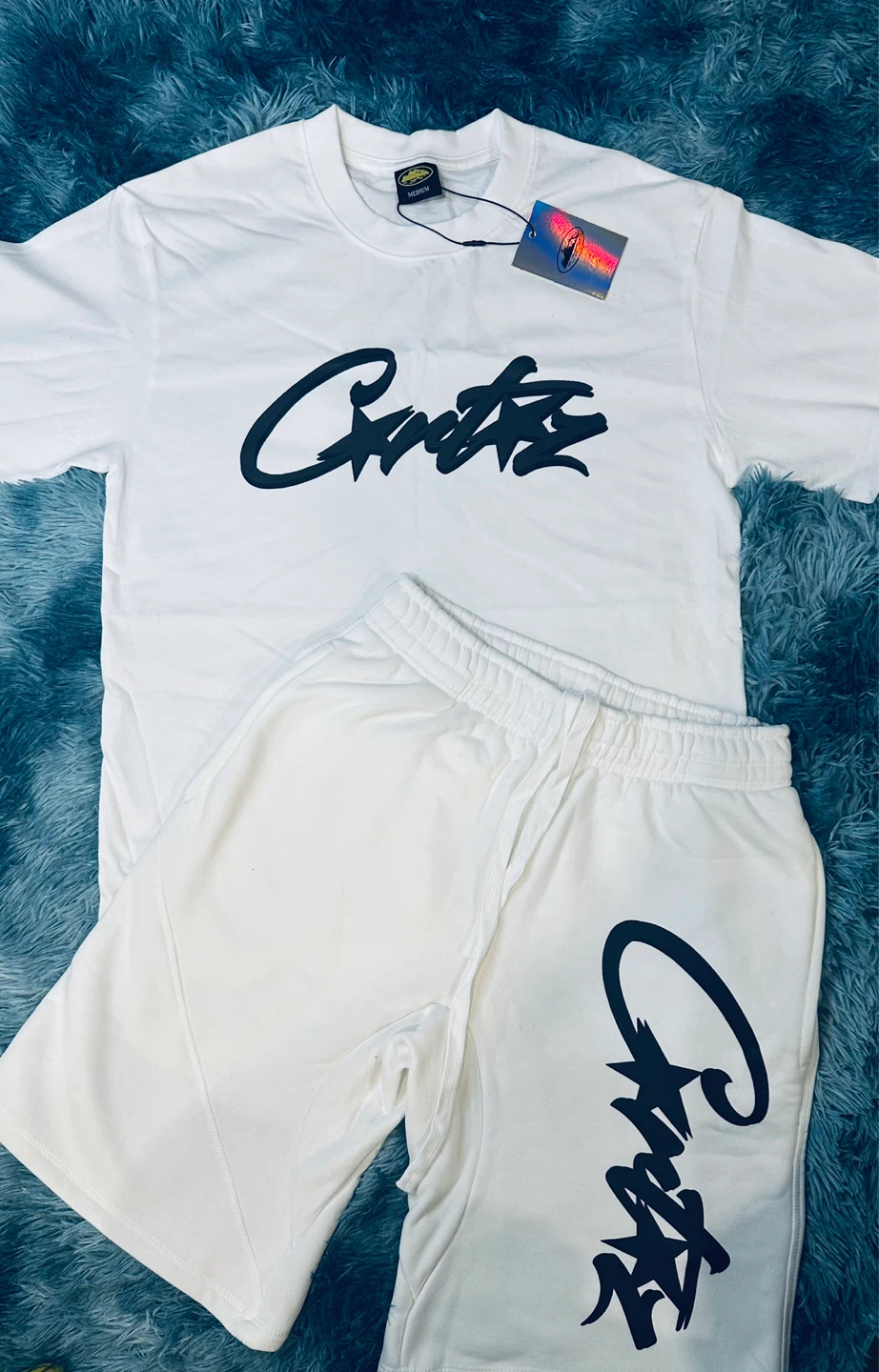 White CRTZ T-Shirt and Shorts Set - Medium