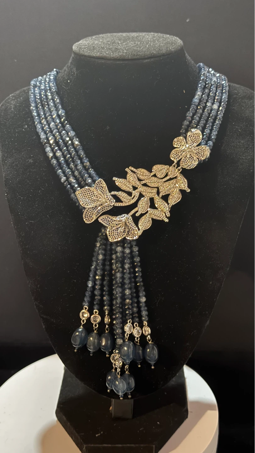 Semi precious Blue Beaded Necklace with Floral Clasp