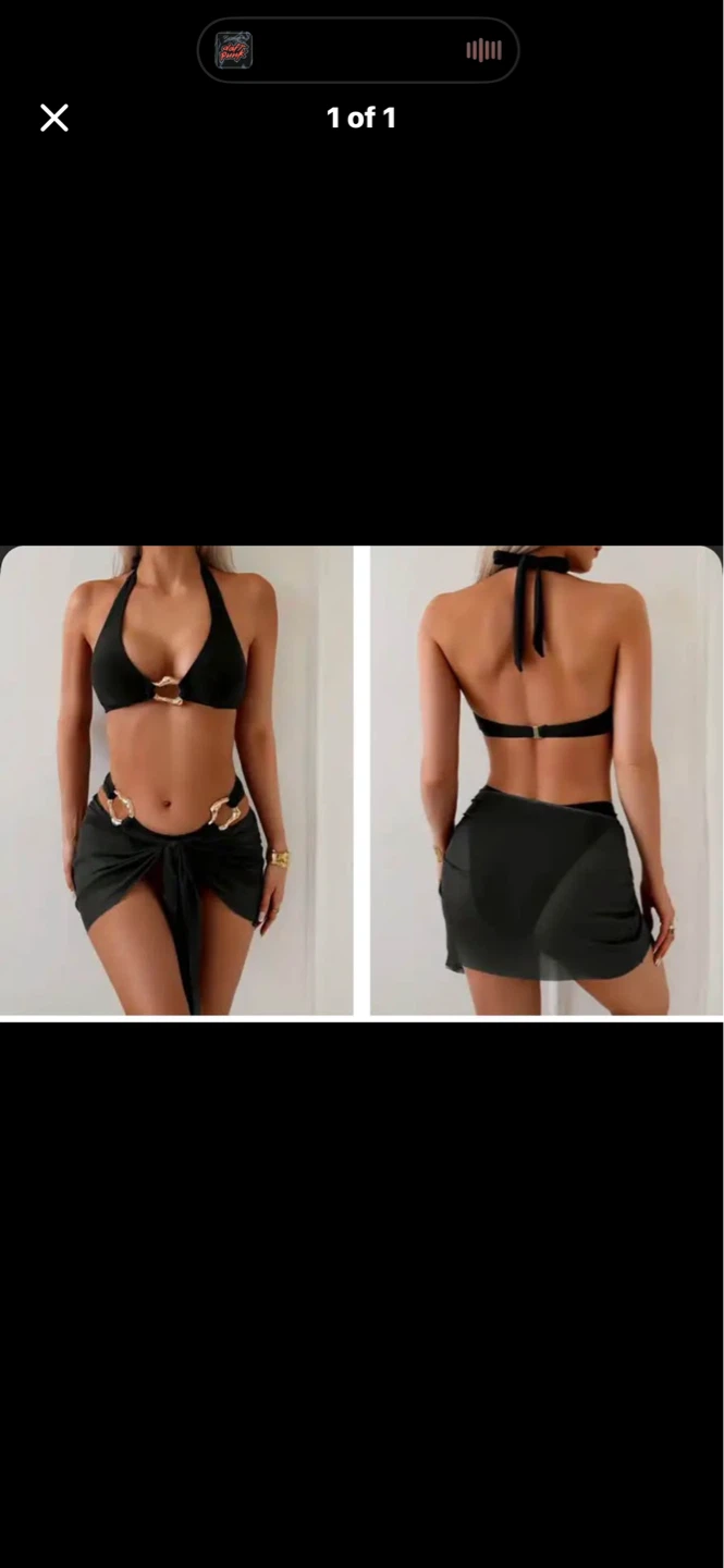 Black Halter Bikini with Ring Detail and Sarong. Size M