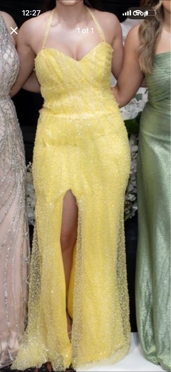 Yellow Beaded Halter Neck Gown with Slit