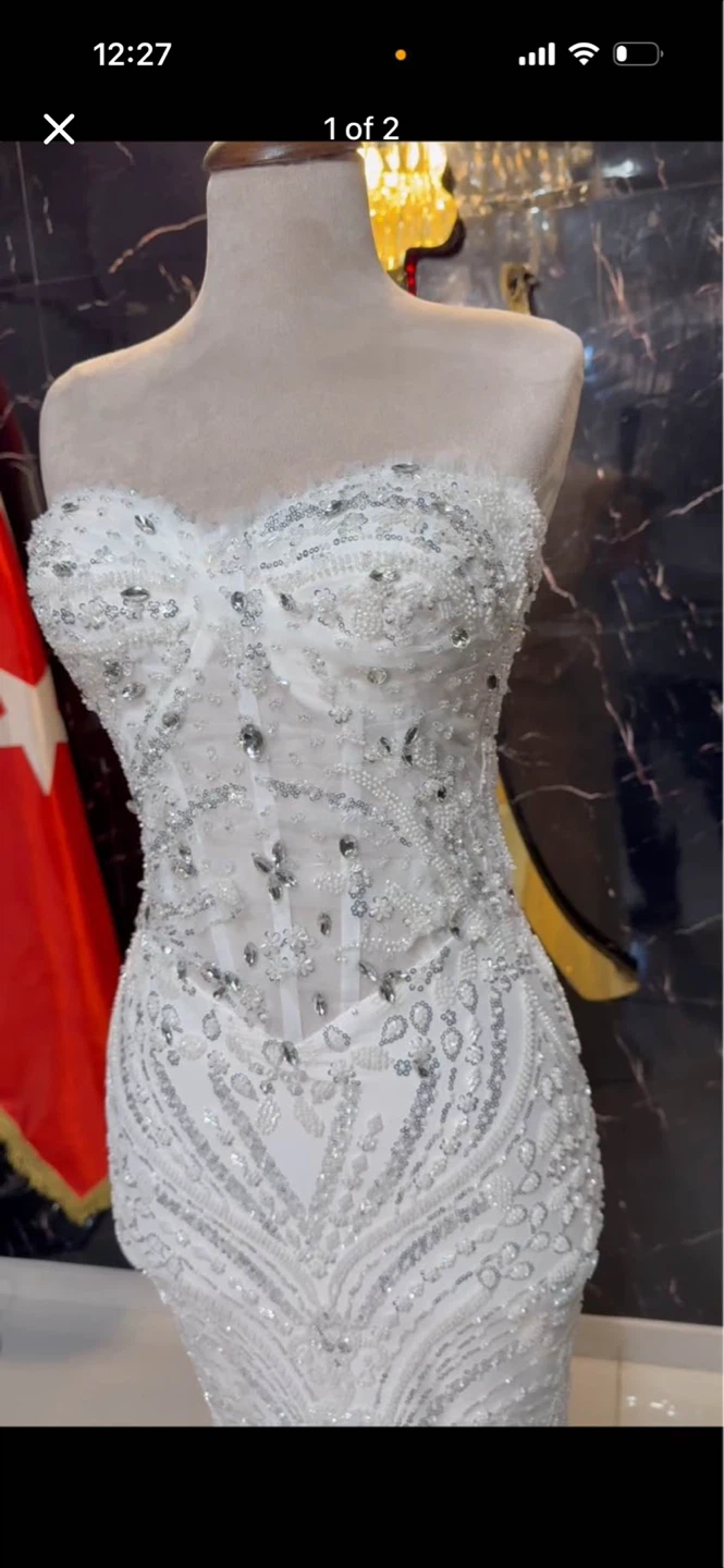 White Sequin and Beaded Strapless Gown