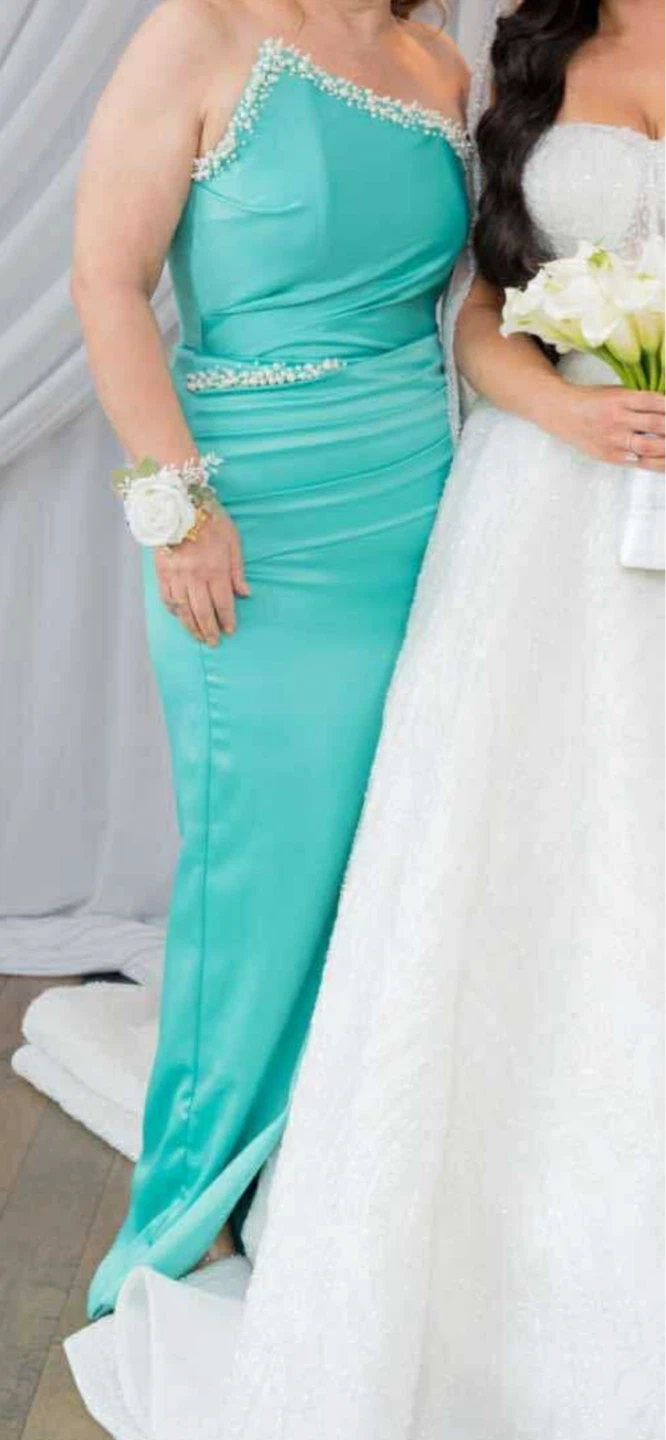 Teal One-Shoulder Beaded Formal Dress