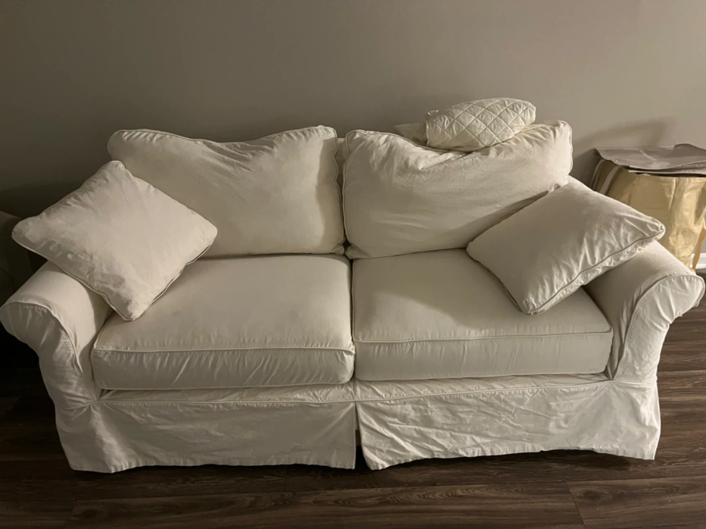 White 2-Seater Sofa with Skirt and Accent Pillow - photo 2
