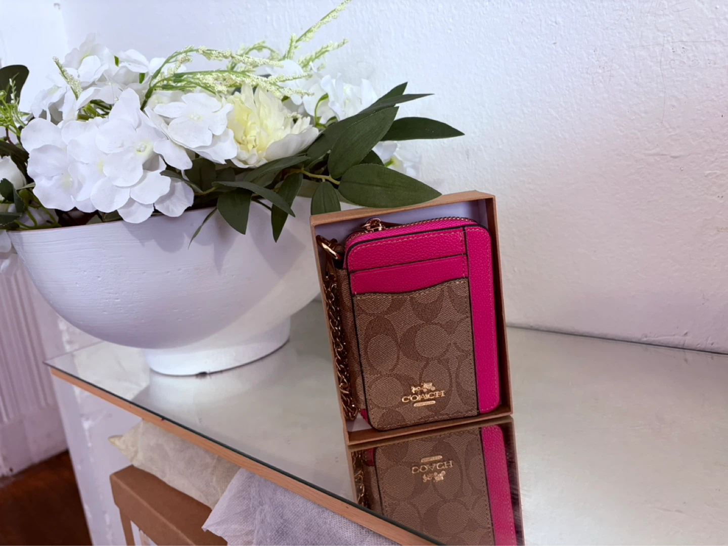 Coach Signature Card Holder with Pink Trim