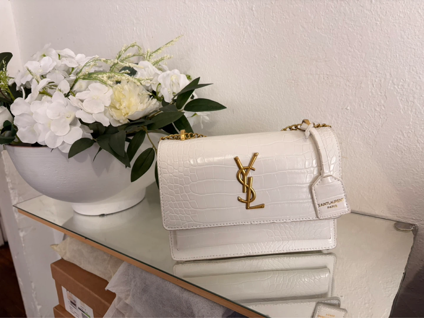 White Saint Laurent Crocodile Embossed Leather Shoulder Bag