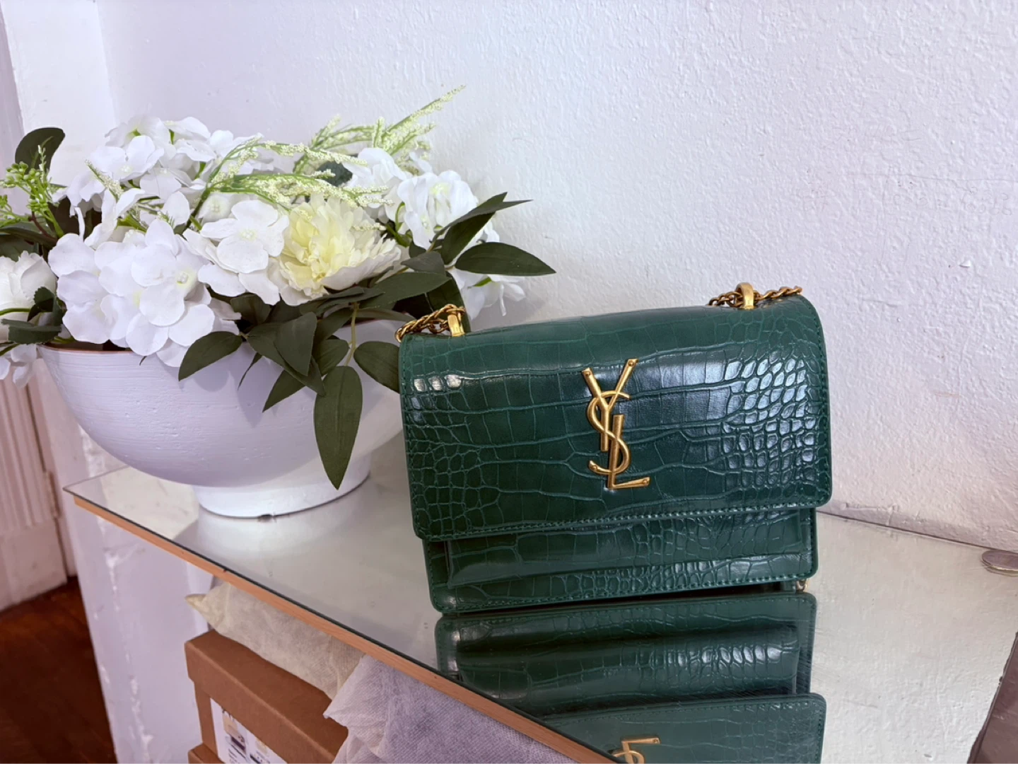 Saint Laurent Green Croc Embossed Shoulder Bag